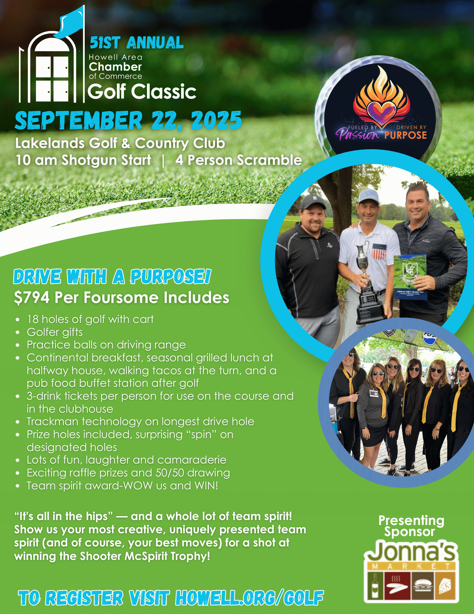 “Promotional flyer for the 51st Annual Howell Area Chamber of Commerce Golf Classic on September 22, 2025, at Lakelands Golf & Country Club, detailing event perks, registration info, and sponsor Jonna’s Market.”